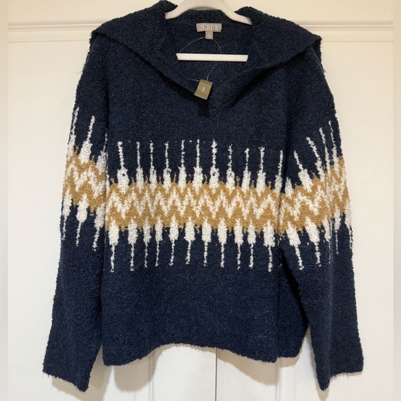 J.CREW Fair Isle Johnny Collar Sweater In Bouclé Yarn Navy Women’s Sz L NWT - Picture 6 of 7